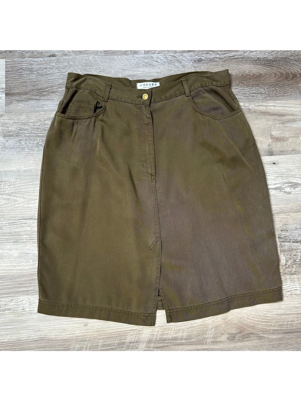 Jaeger Olive Green Midi Skirt 16 Lyocell Utility Minimalist Costal France